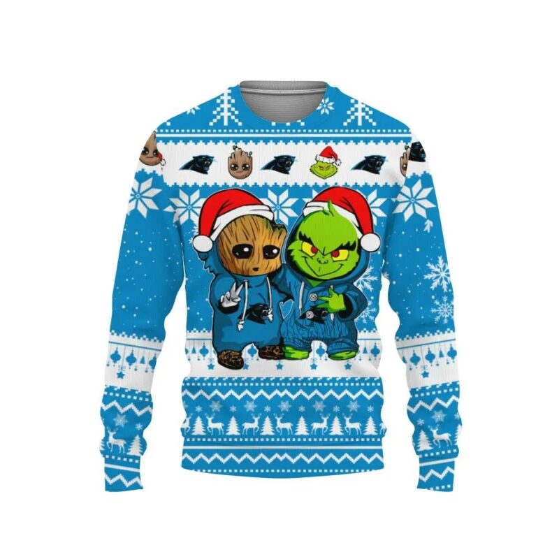 Carolina Panthers Baby Groot And Grinch Best Friends Ugly Christmas Sweater, NFL Christmas Sweater