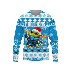 Carolina Panthers Baby Yoda Star Wars Ugly Christmas Sweater, NFL Christmas Sweater