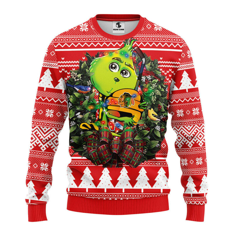 Chicago Blackhawks Grinch Hug Ugly Christmas Sweater, Grinch Xmas Sweater
