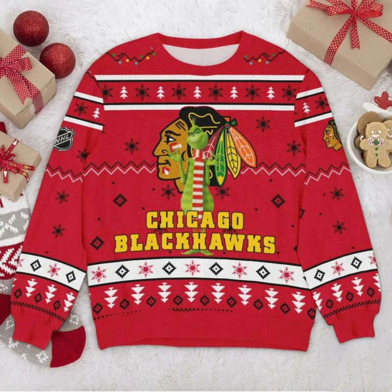 Chicago Blackhawks Grinch NHL Ugly Christmas Sweater, NHL Christmas Sweater