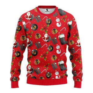 Chicago Blackhawks Santa Claus Snowman Ugly Christmas Sweater, NHL Christmas Sweater