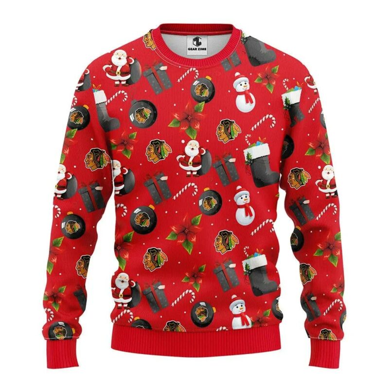 Chicago Blackhawks Santa Claus Snowman Ugly Christmas Sweater, NHL Christmas Sweater