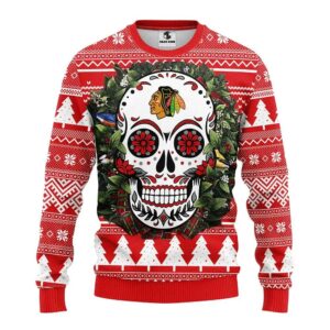Chicago Blackhawks Skull Flower Ugly Christmas Sweater, NHL Christmas Sweater