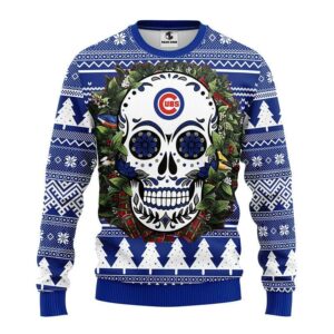 Chicago Cubs Skull Flower Ugly Christmas Sweater, MLB Christmas Sweater