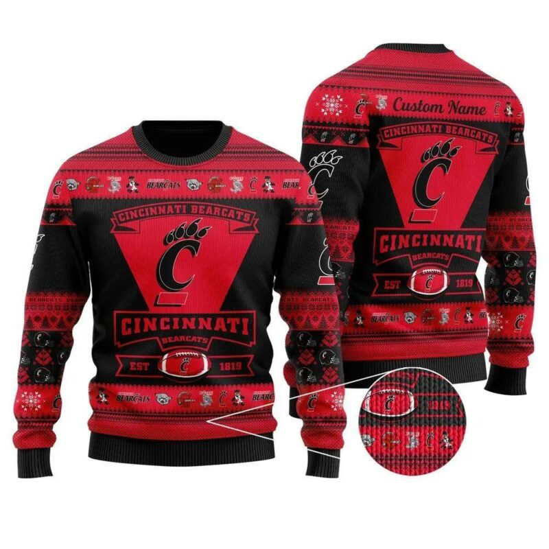 Cincinnati Bearcats Est 1819 Custom Name Ugly Christmas Sweater, NCAA Christmas Sweater