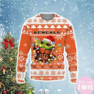Cincinnati Bengals Baby Yoda Star Wars Christmas Light Ugly Sweater, NFL Christmas Sweater