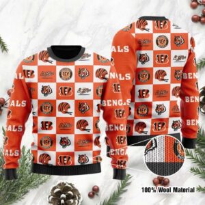 Cincinnati Bengals Logo Checkered Flannel Ugly Christmas Sweater, NFL Christmas Sweater