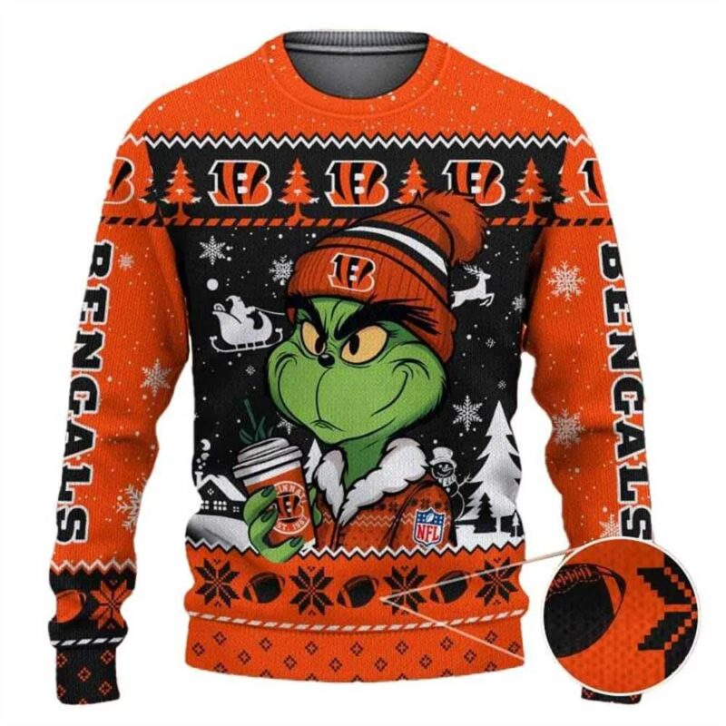 Cincinnati Bengals The Grinch Drink Coffee Ugly Christmas Sweater, NFL Christmas Sweater