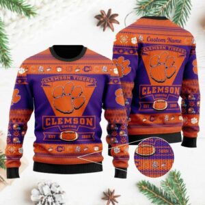 Clemson Tigers Est 1889 Custom Name Ugly Christmas Sweater, NCAA Christmas Sweater