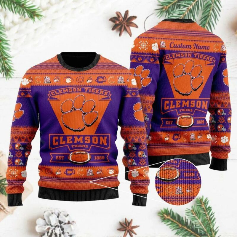 Clemson Tigers Est 1889 Custom Name Ugly Christmas Sweater, NCAA Christmas Sweater