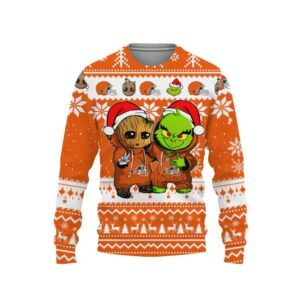 Cleveland Browns Baby Groot And Grinch Ugly Christmas Sweater, NFL Christmas Sweater