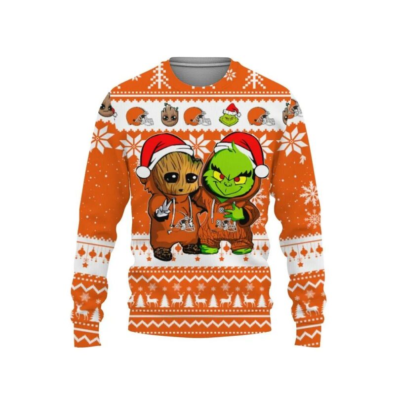 Cleveland Browns Baby Groot And Grinch Ugly Christmas Sweater, NFL Christmas Sweater