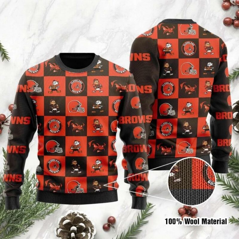 Cleveland Browns Logo Checkered Flannel Ugly Christmas Sweater, NFL Christmas Sweater
