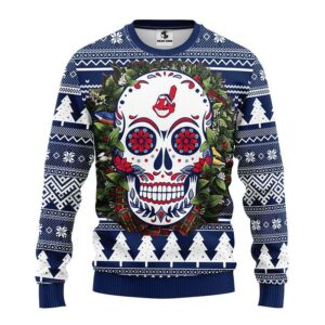 Cleveland Indians Skull Flower Ugly Christmas Sweater, MLB Christmas Sweater