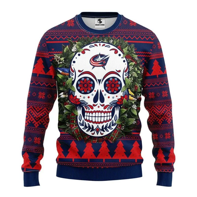 Columbus Blue Jackets Skull Flower Ugly Christmas Sweater, NHL Christmas Sweater