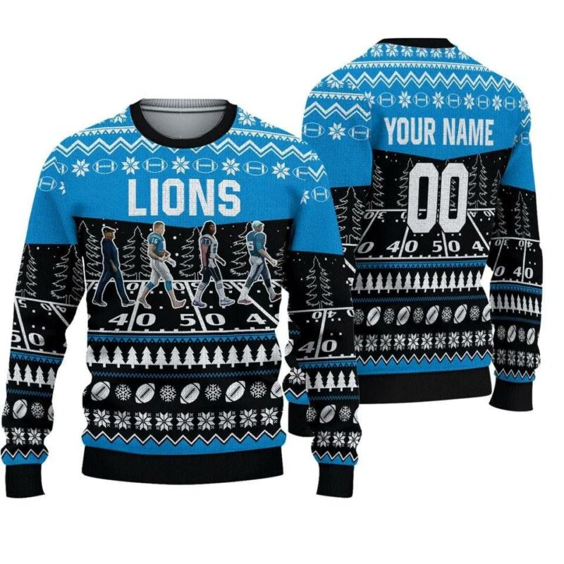 Custom Detroit Lions Walking Abbey Road Ugly Christmas Sweater, NFL Christmas Sweater
