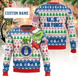 Custom Name Grinch x US Air Force Ugly Christmas Sweater, Grinch Holiday Sweater