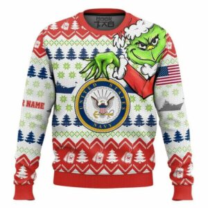 Custom Name Grinch x US Navy Ugly Christmas Sweater, Grinch Holiday Sweater