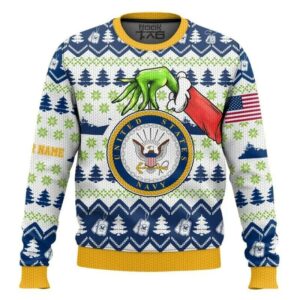 Custom Name Grinch x US Navy Ugly Sweater, Grinch Holiday Sweater