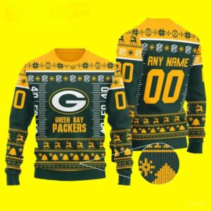Custom Name Number Logo Green Bay Packers Ugly Christmas Sweater, NFL Christmas Sweater