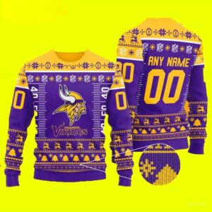 Custom Name Number Logo Minnesota Vikings Ugly Christmas Sweater, NFL Christmas Sweater