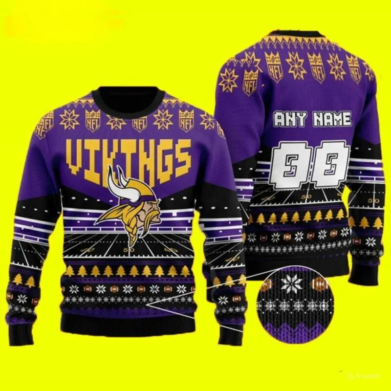 Custom Name Number Minnesota Vikings Ugly Christmas Sweater, NFL Christmas Sweater