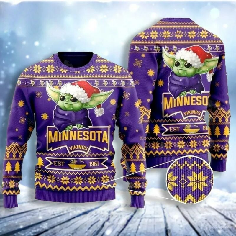 Cute Baby Yoda Grogu Minnesota Vikings Ugly Christmas Sweater, NFL Christmas Sweater