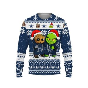Dallas Cowboys Baby Groot And Grinch Best Friends Ugly Christmas Sweater, NFL Christmas Sweater