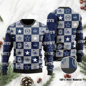 Dallas Cowboys Logo Checkered Flannel Ugly Christmas Sweater, NFL Christmas Sweater