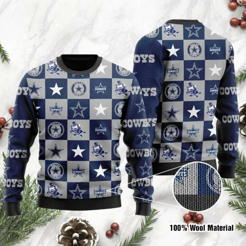 Dallas Cowboys Logo Checkered Flannel Ugly Christmas Sweater, NFL Christmas Sweater