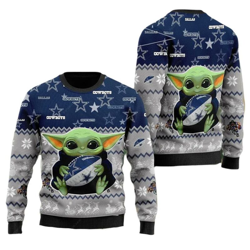 Dallas Cowboys Sweater Baby Grogu Hugs Rugby Ball Dallas Cowboys Ugly Sweater Gray Blue Unisex Adults New Release