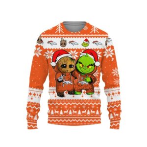 Denver Broncos Baby Groot And Grinch Best Friends Ugly Christmas Sweater, NFL Christmas Sweater