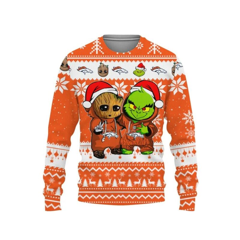 Denver Broncos Baby Groot And Grinch Best Friends Ugly Christmas Sweater, NFL Christmas Sweater