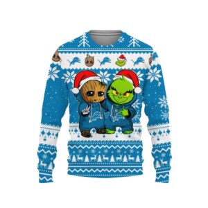 Detroit Lions Baby Groot And Grinch Best Friends Ugly Christmas Sweater, NFL Christmas Sweater
