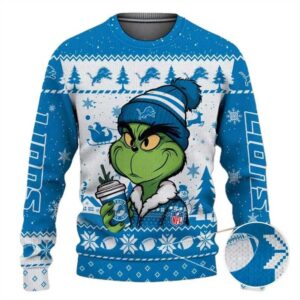 Detroit Lions The Grinch Drink Coffee Ugly Christmas Sweater, NFL Christmas Sweater