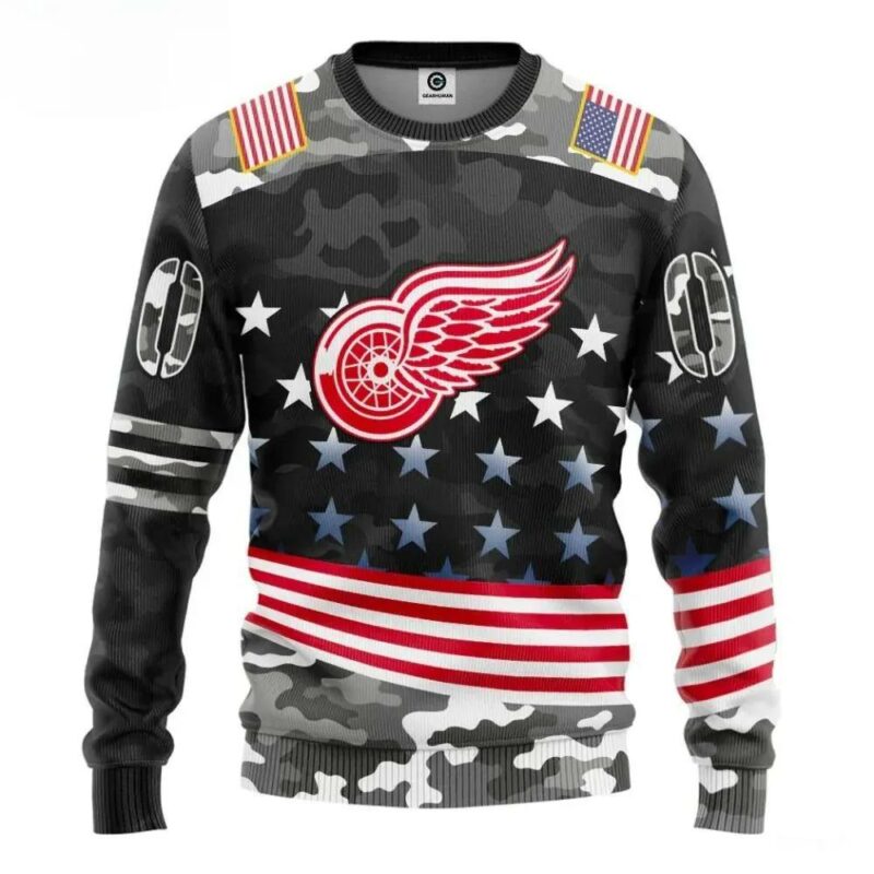Detroit Red Wings American Flag Custom Number Ugly Christmas Sweater, NHL Christmas Sweater