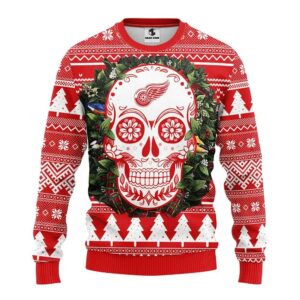 Detroit Red Wings Skull Flower Ugly Christmas Sweater, NHL Christmas Sweater