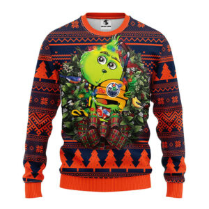Edmonton Oilers Grinch Hug Ugly Christmas Sweater, Grinch Xmas Sweater