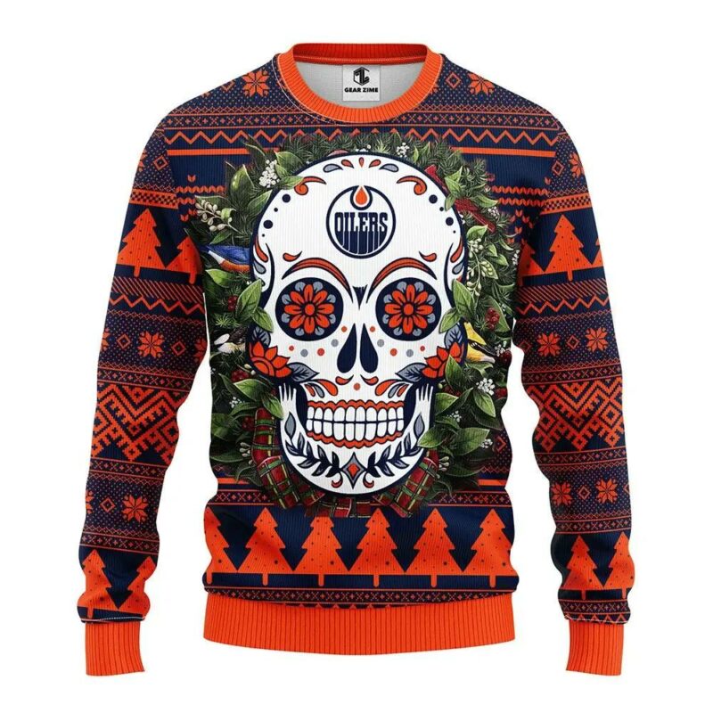 Edmonton Oilers Skull Flower Ugly Christmas Sweater, NHL Christmas Sweater