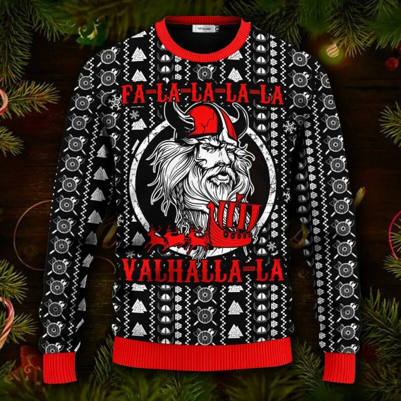 Falalalala Valhallala Red Pattern Viking Ugly Christmas Sweater