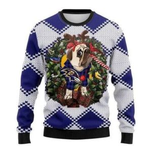 Funny Reindeer Pug Dog Baltimore Ravens Ugly Christmas Sweater, NFL Christmas Sweater