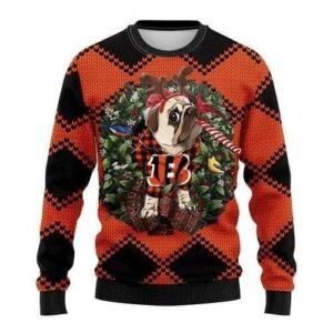 Funny Reindeer Pug Dog Cincinnati Bengals Ugly Christmas Sweater, NFL Christmas Sweater