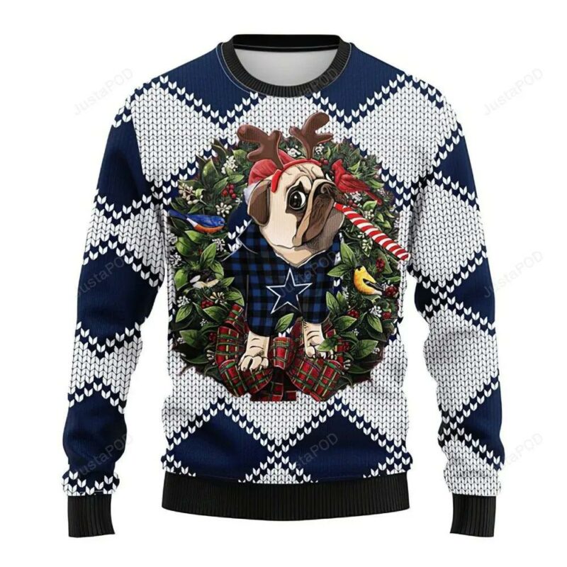 Funny Reindeer Pug Dog Dallas Cowboys Ugly Christmas Sweater, NFL Christmas Sweater