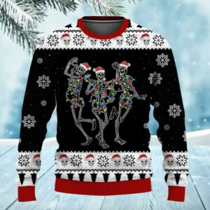 Funny Skeleton Skull Dance with Christmas Light Ugly Sweater, Skull Xmas Sweater