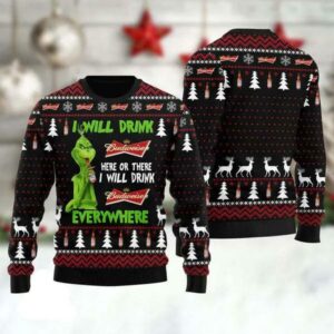 Grinch I Will Drink Budweiser Everywhere Ugly Christmas Sweater, Grinch Holiday Sweater