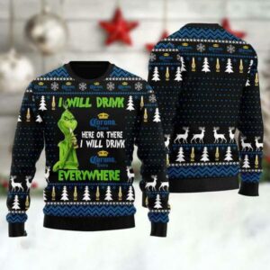 Grinch I Will Drink Corona Extra Everywhere Christmas Gift Ugly Christmas Sweater, Grinch Holiday Sweater