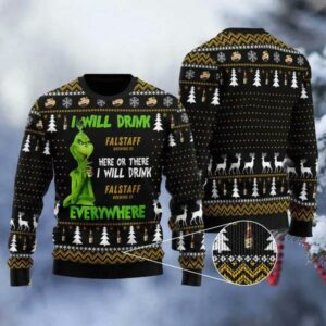 Grinch I Will Drink Falstaff Beer Everywhere Christmas Ugly Sweater, Grinch Holiday Sweater