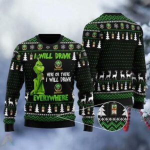 Grinch I Will Drink Jagermeister Everywhere Ugly Christmas Sweater, Grinch Holiday Sweater