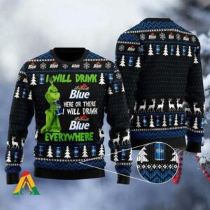Grinch I Will Drink Labatt Blue Everywhere Ugly Christmas Sweater, Grinch Holiday Sweater