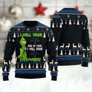 Grinch I Will Drink Michelob Ultra Everywhere Ugly Christmas Sweater, Grinch Holiday Sweater
